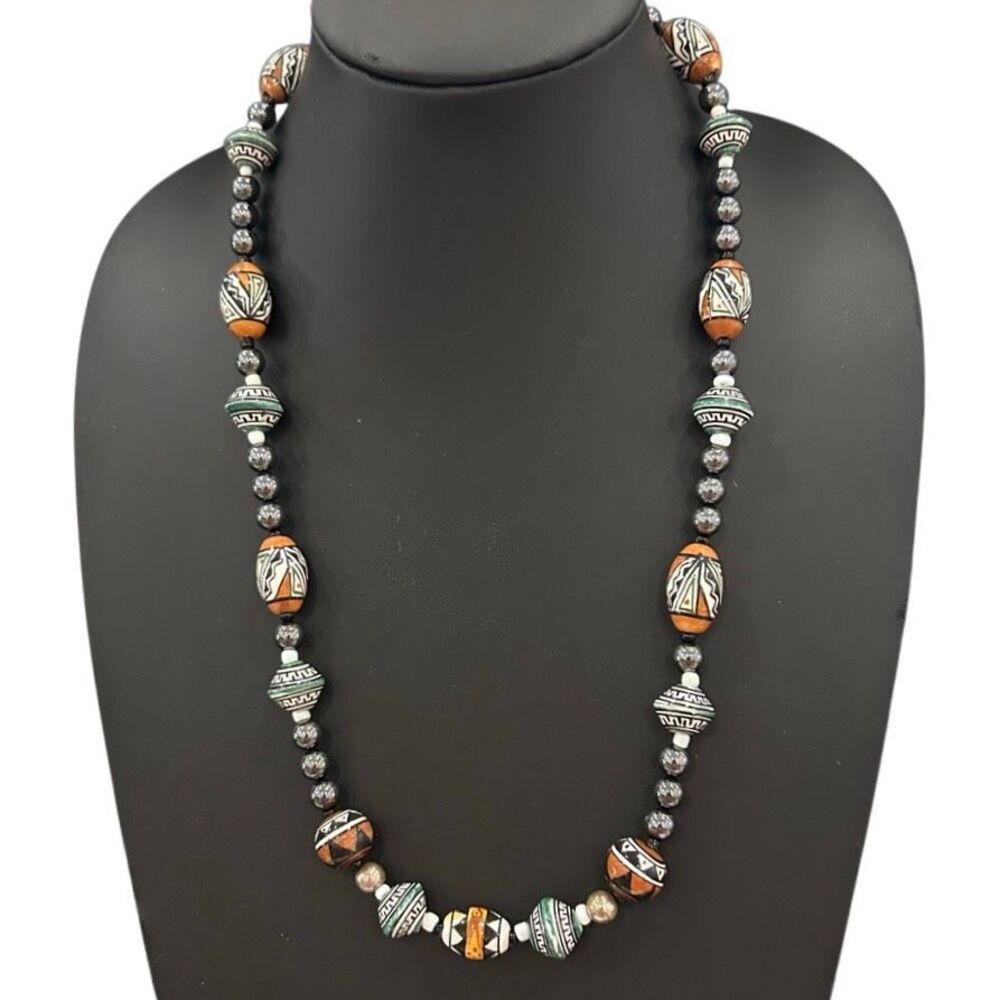 Vintage Hand-painted Beaded Necklace Women's 26" Silver Orange Pottery Beads